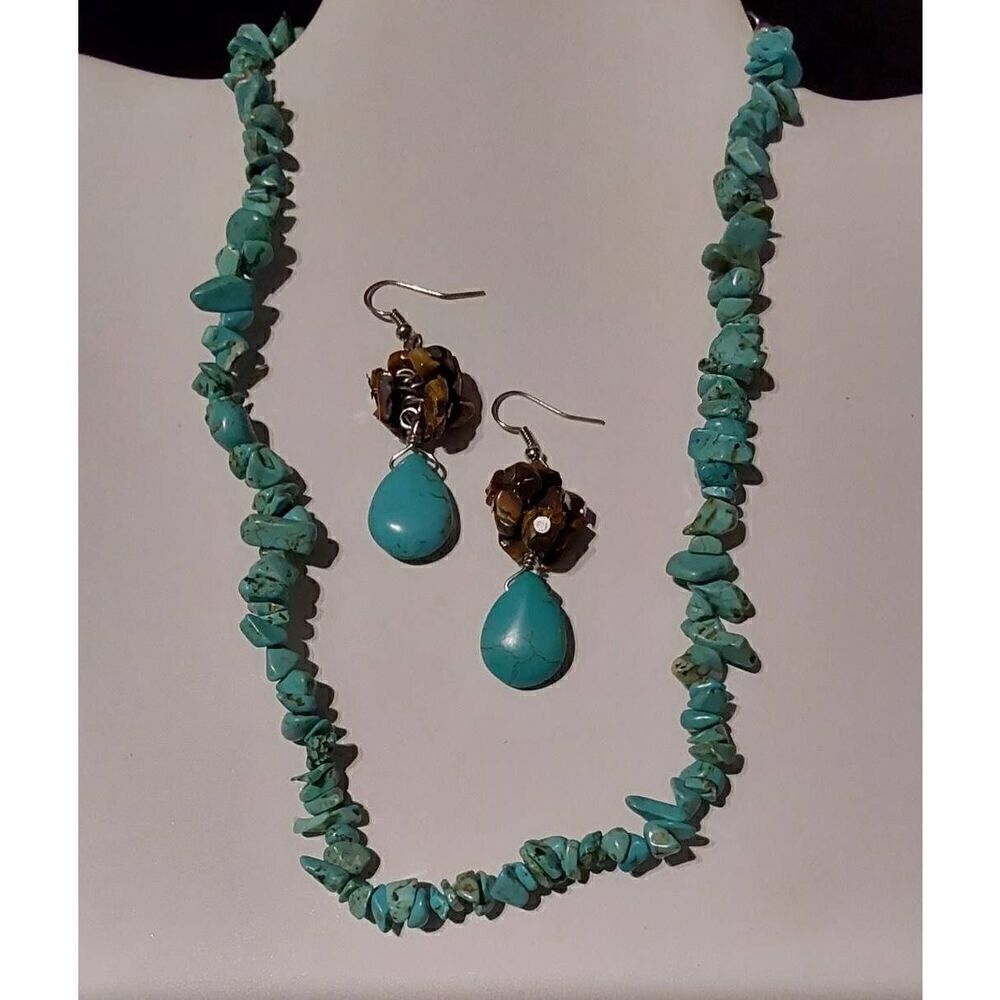 Genuine Turquoise Strand Necklace & Turquoise/Tigers Eye Earring Set
